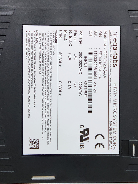 HIWIN MIKROSYSTEM MEGA-FABS SERVO DRIVE D2T-0123-S-A4 서보 드라이브 (중고)